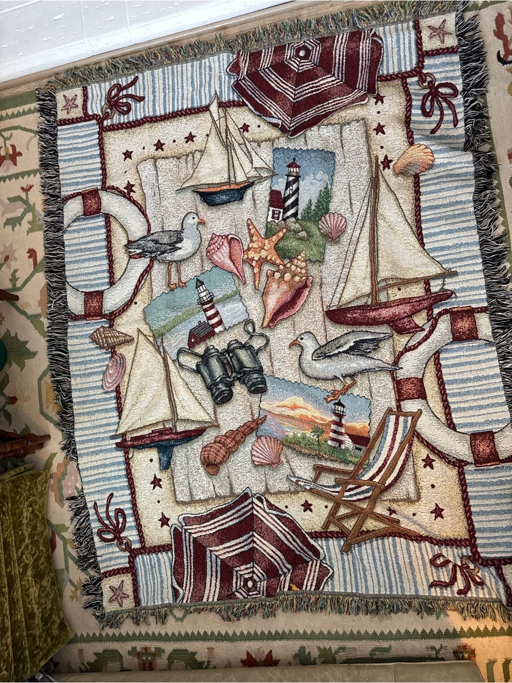 Coastal Sailboat Throw Blanket in Red, Blue, Cream